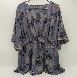 Torrid Floral Print Kimono Top V-Neck 3 Purple Romantic Cinched Waist Flowy NWT